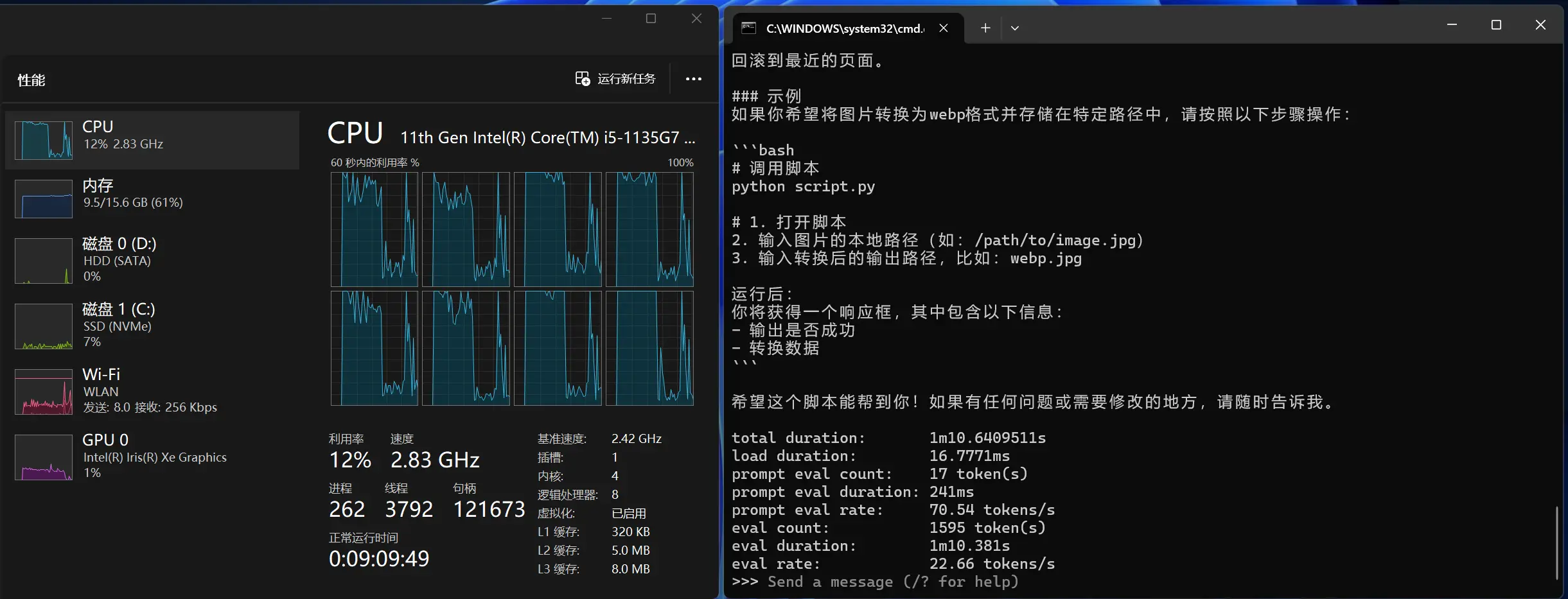 11th Gen Intel i5 Laptop CPU Decoding DeepSeek 1.5b