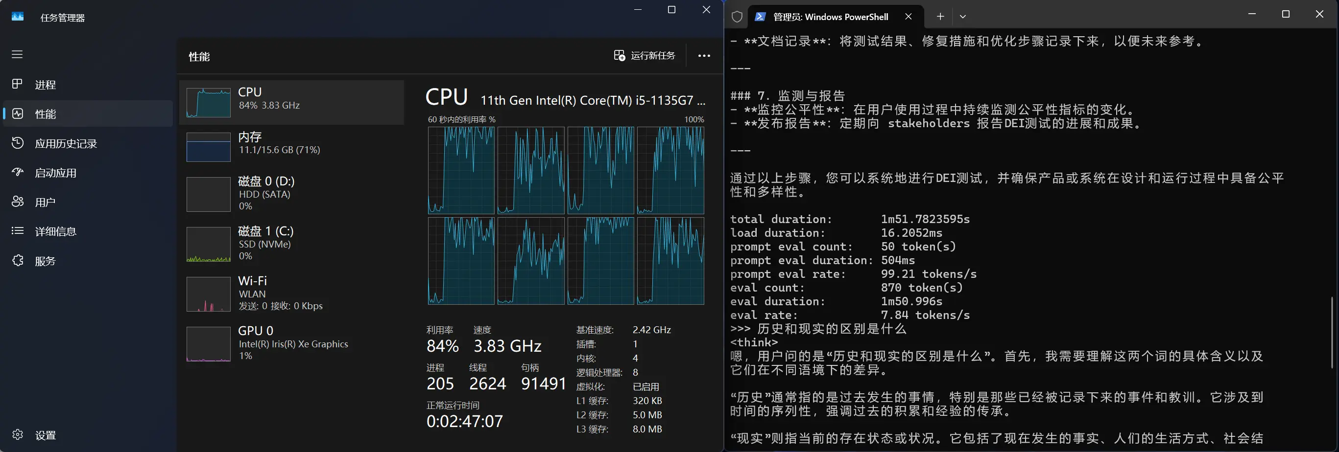 11th Gen Intel i5 Laptop CPU Decoding DeepSeek 7b